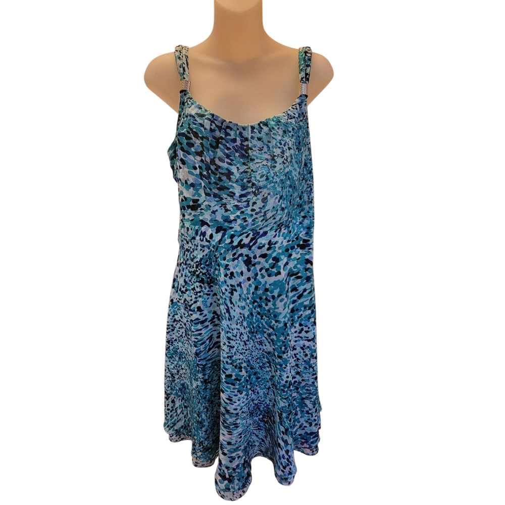 White House Black Market Fit & Flare Blue Watercolor Print Dress Size 10
